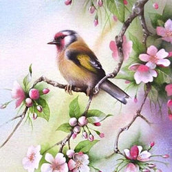 Bird Sitting on Pink Floral Branch Diamond Painting