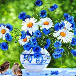 Cornflower Daisies & Sparrows Diamond Painting