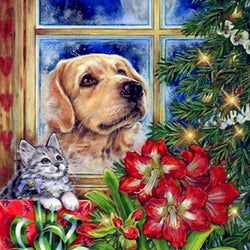 Dog, Cat & Christmas Tree Diamond Painting