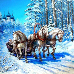 Horses Carrying a Cart in Snow