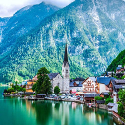 Mountains, River & Houses Diamond Painting