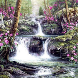 Pink Flowers & Beautiful Waterfall Diamond Painting