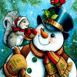 Snowman with Squirrel & Bird Diamond Painting